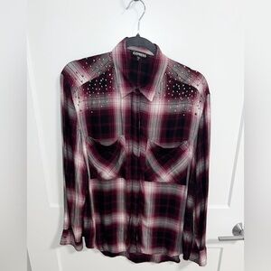 Express women’s Plaid Shirt - maroon and gray/white